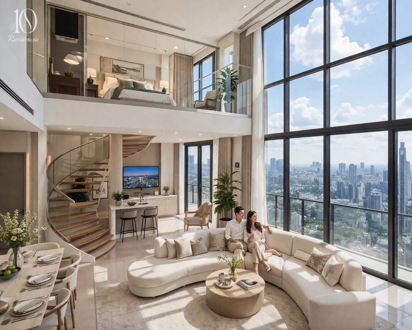 Double-height living and dining space in a X penthouse with a spiral staircase to the mezzanine bedroom