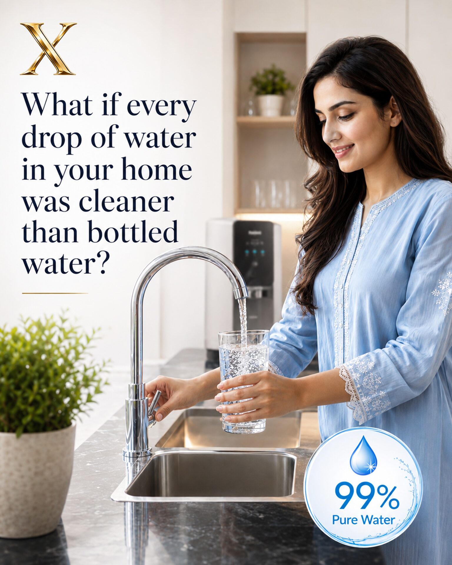 Resident filling a glass with filtered water at a X kitchen tap